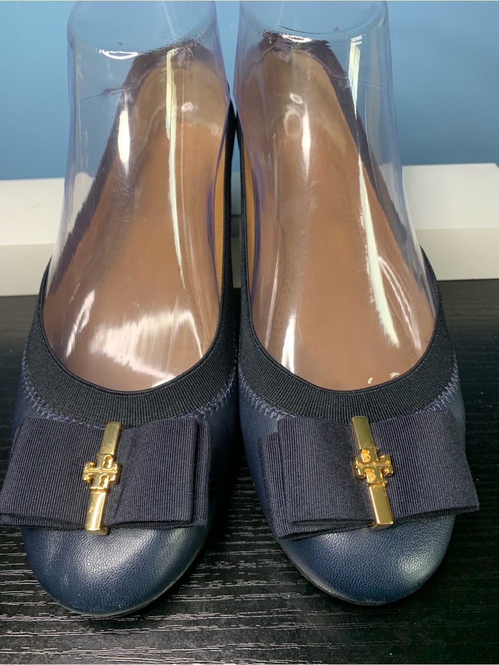 Tory Burch Navy Bow Ballet Flats with Gold Logo Accent